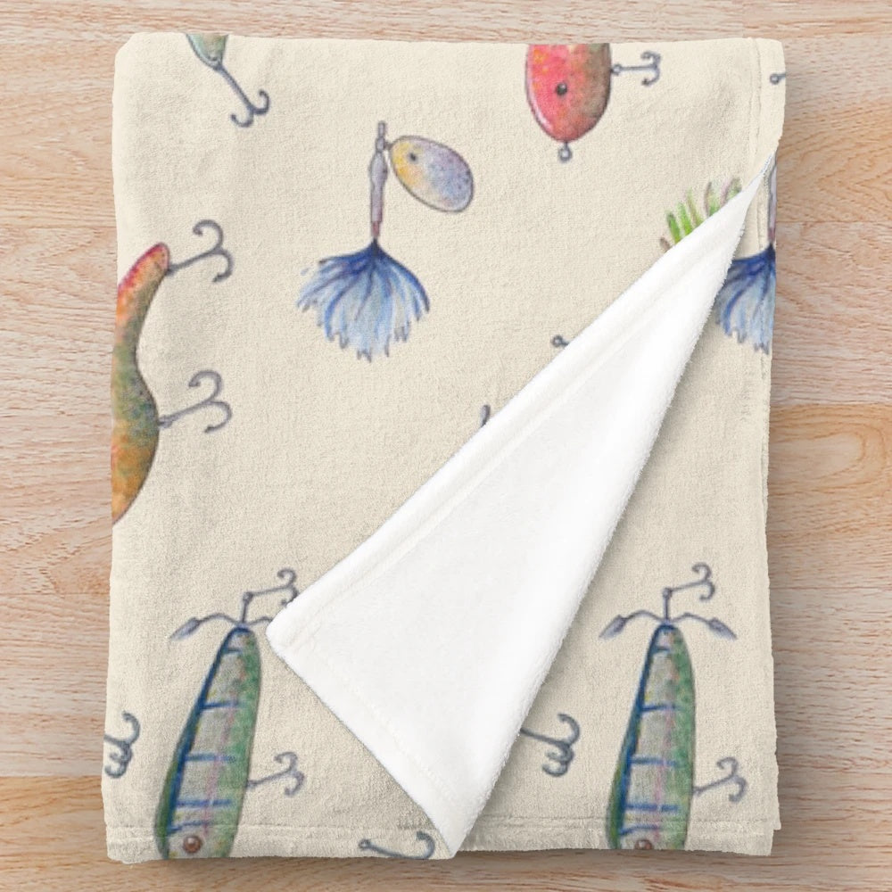 Fishing lures plush blanket with a watercolor and vintage design