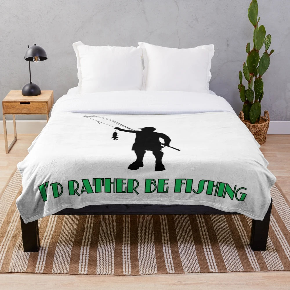 Fishing plush blanket with a fishing rod and fish design