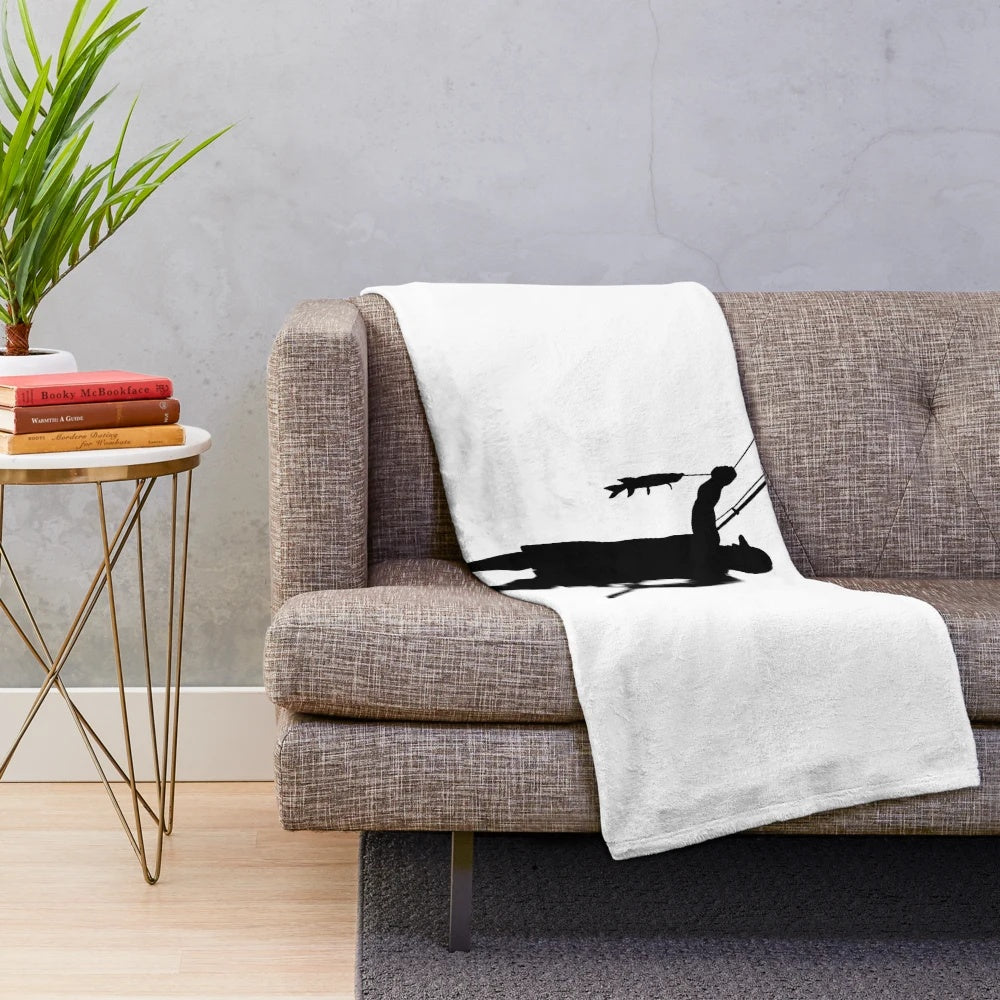 Fishing plush blanket with a fishing rod and fish design