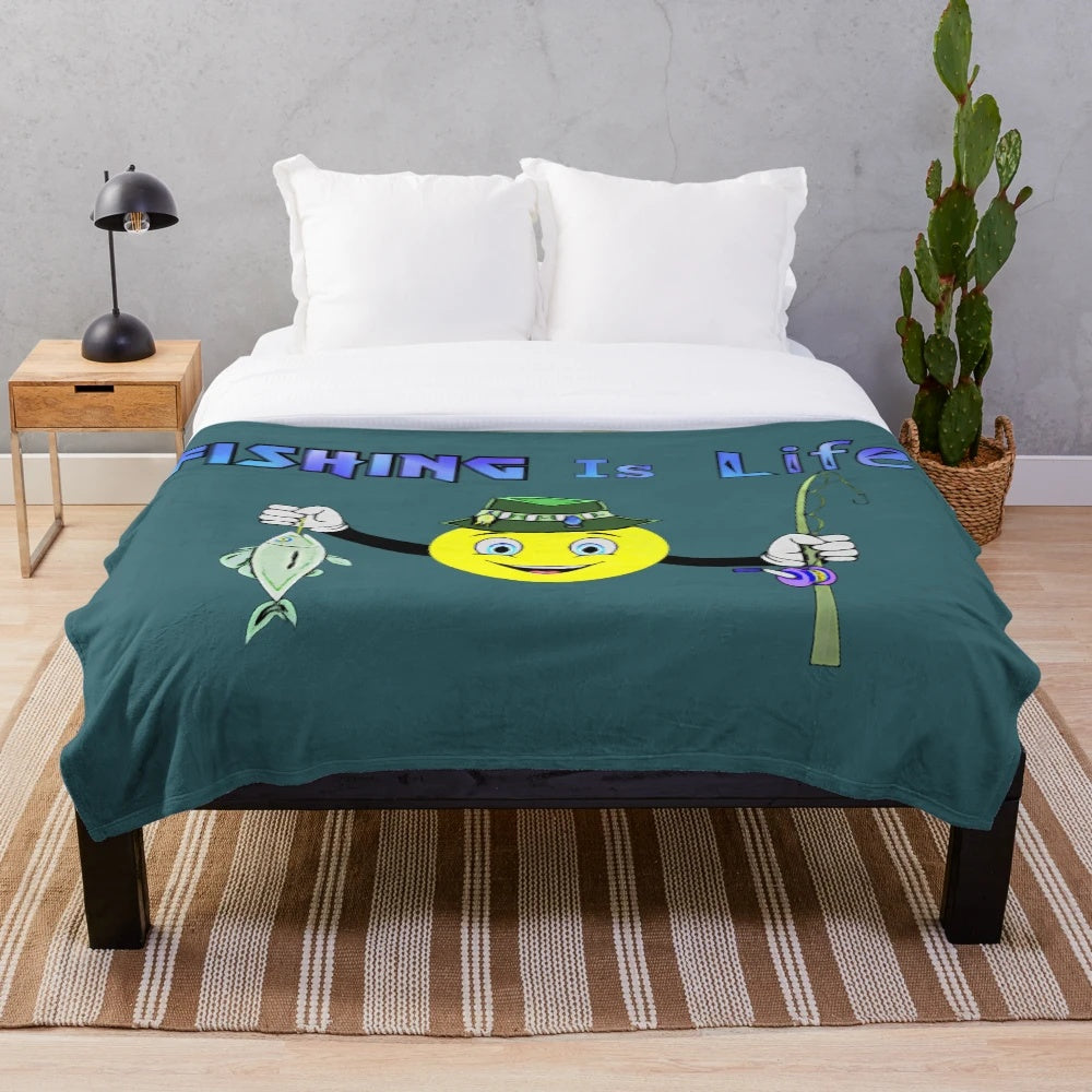 Fishing-themed plush blanket with fish and "Fishing Is Life" text