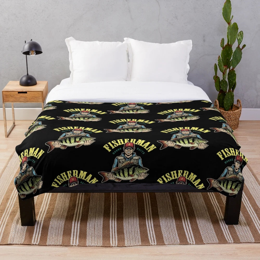 Fishing-themed plush blanket with fisherman and hooks design