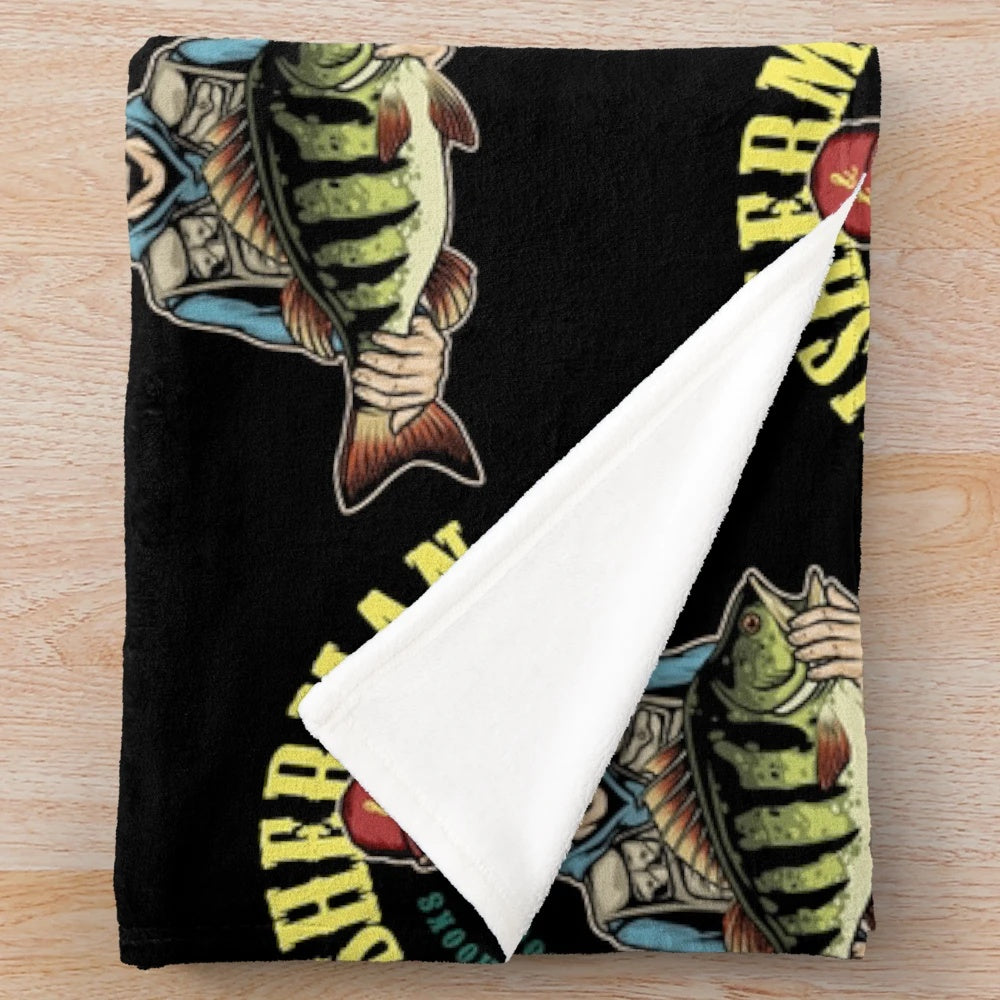 Fishing-themed plush blanket with fisherman and hooks design