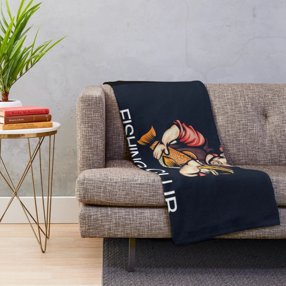 Plush blanket with a fishing club logo design