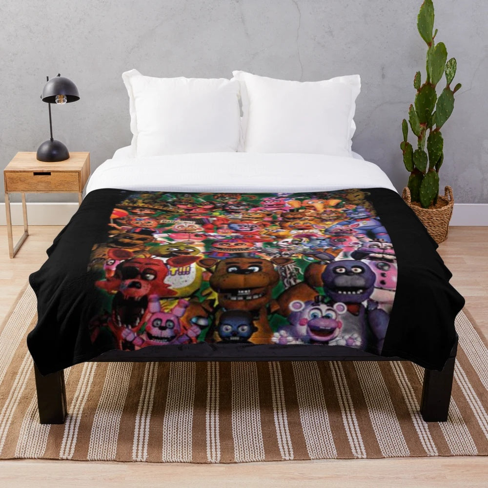 Five Nights at Freddy's inspired plush blanket featuring Freddy Fazbear and other animatronics