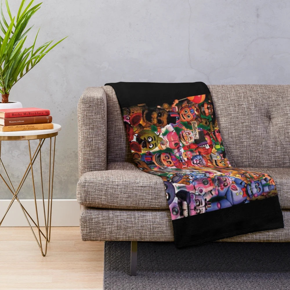 Five Nights at Freddy's inspired plush blanket featuring Freddy Fazbear and other animatronics