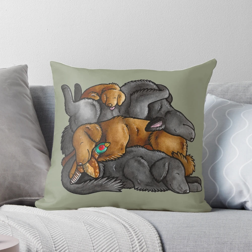 A soft, plush pillow featuring a sleeping pile of flat-coated retriever dogs