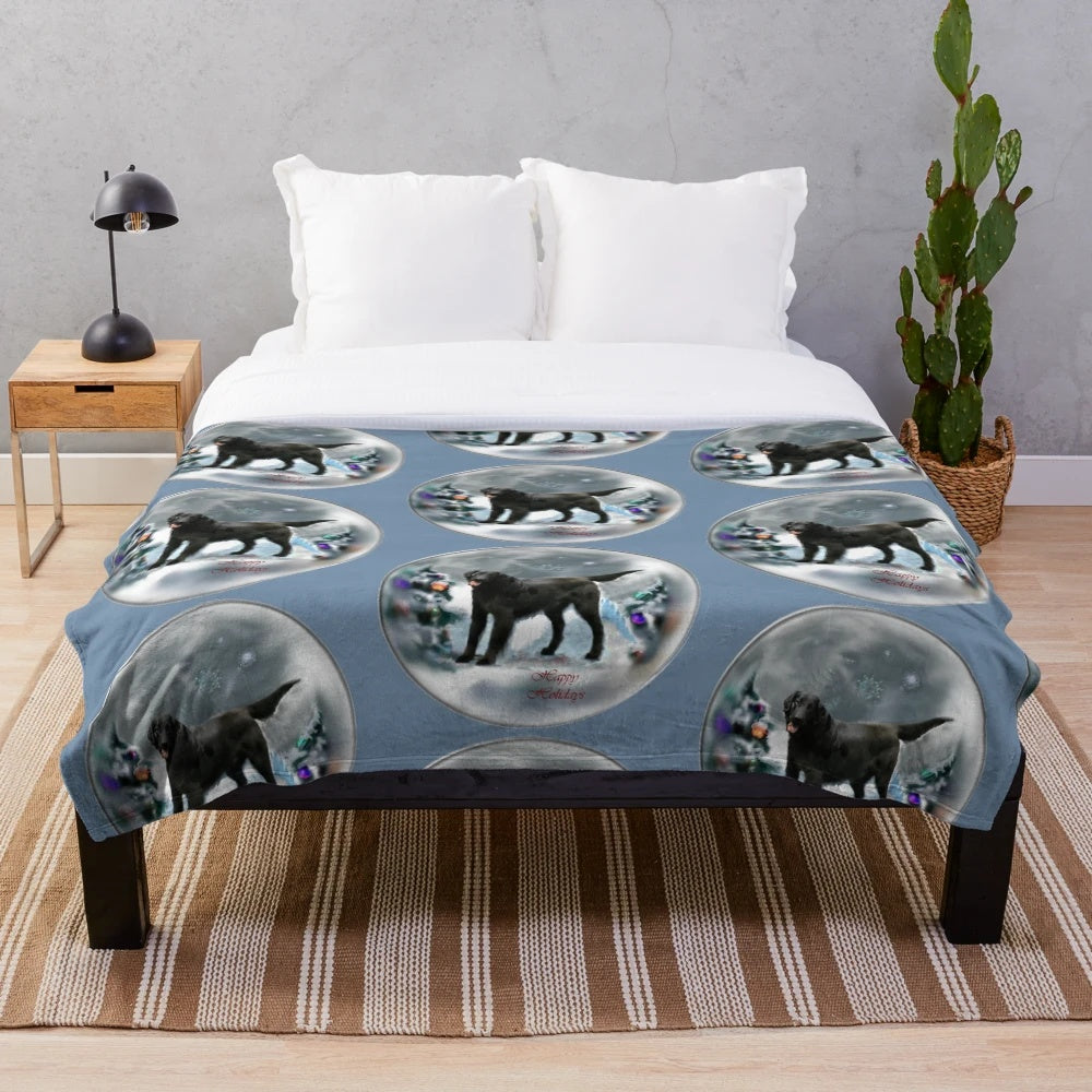 Flat Coated Retriever Plush Blanket with Christmas Wreath