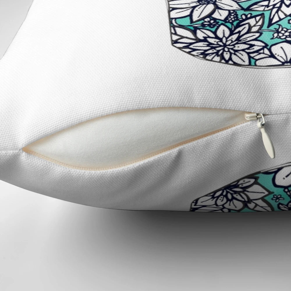 Teal and white floral pattern coffee pillow with inspirational quote