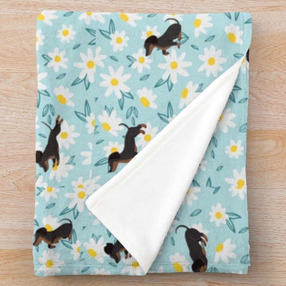 Floral dachshund pattern plush blanket