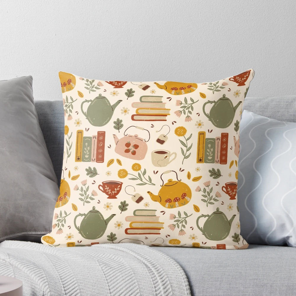A cozy, floral-patterned pillow perfect for reading and tea time.