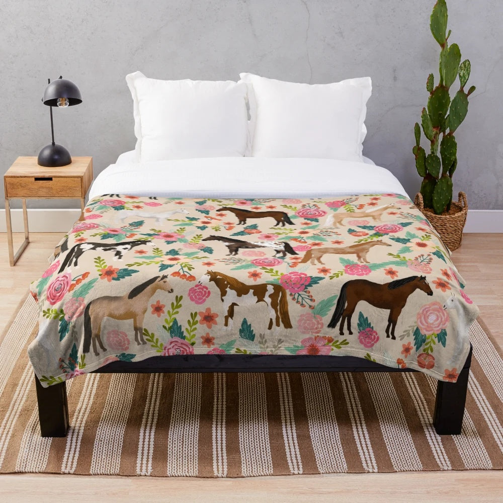 Soft and plush floral blanket featuring various horse breeds