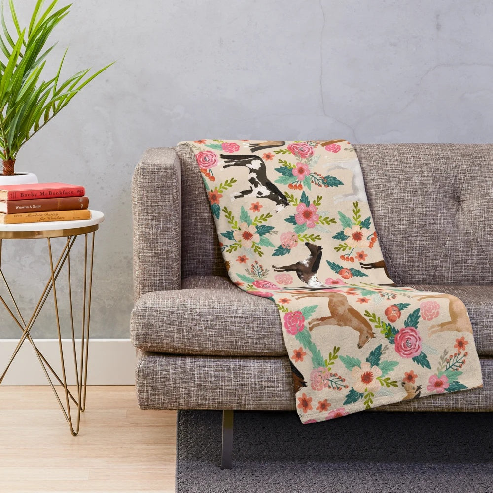 Soft and plush floral blanket featuring various horse breeds