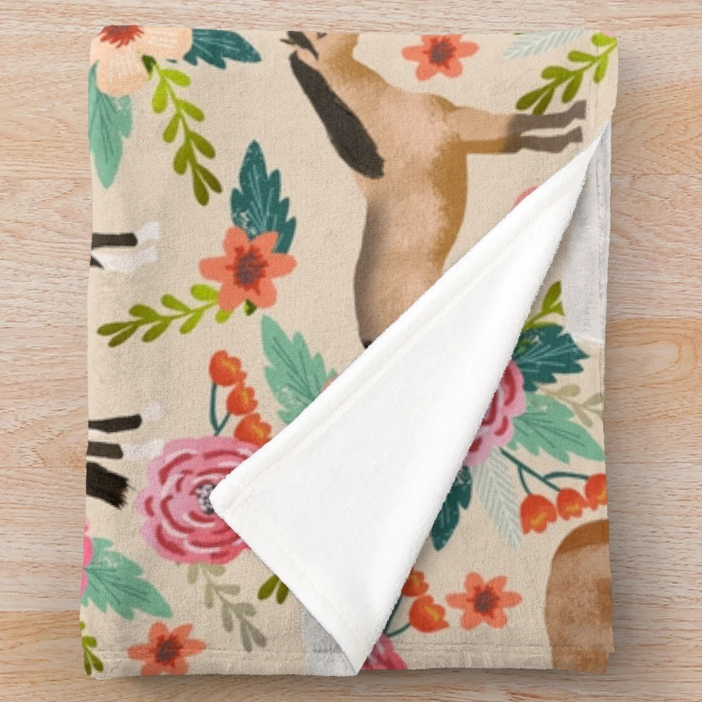 Soft and plush floral blanket featuring various horse breeds