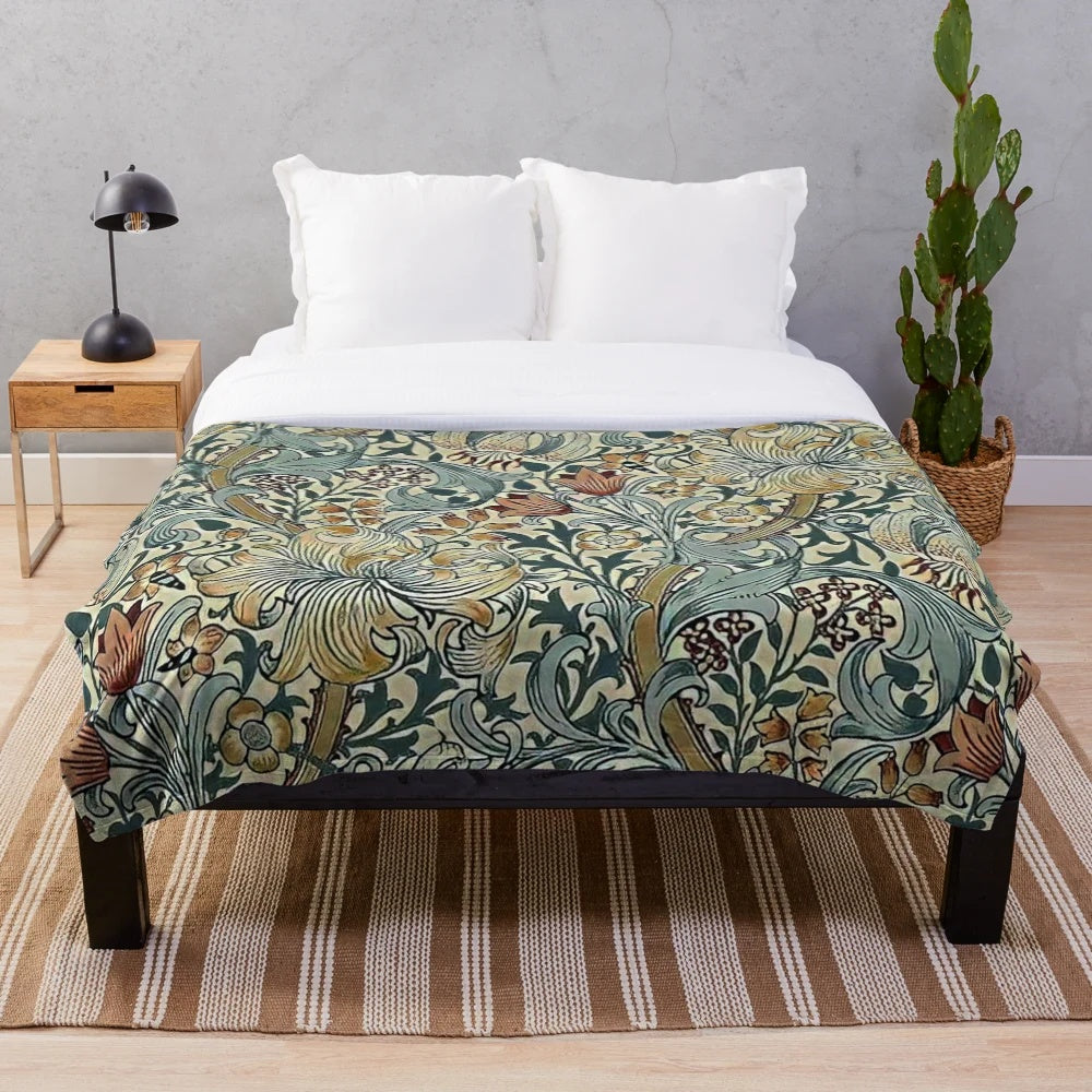 Plush blanket with a floral design inspired by the artwork of William Morris
