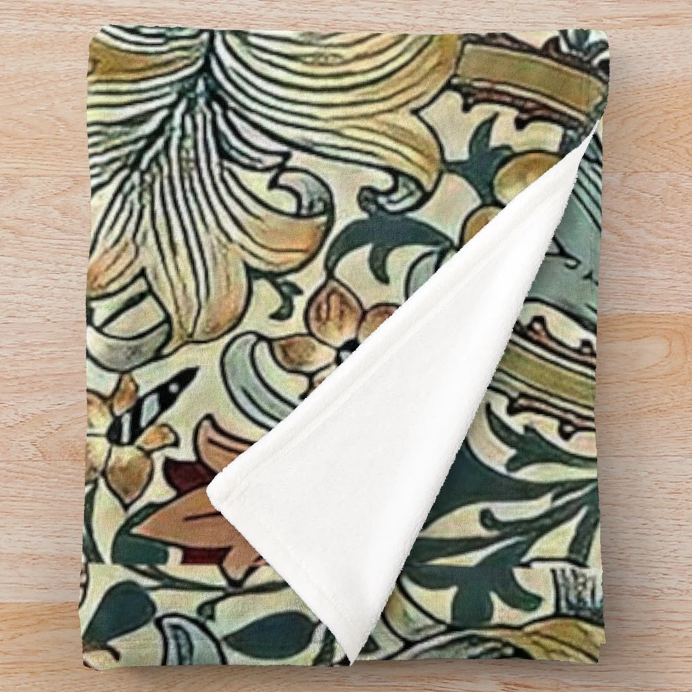 Plush blanket with a floral design inspired by the artwork of William Morris