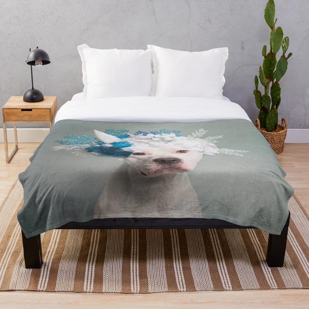 Soft and fluffy plush blanket featuring a polar bear with a floral crown design