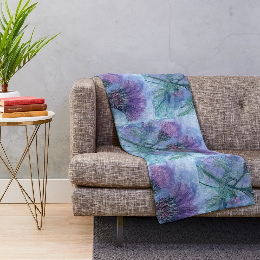 Plush blue and purple floral thistle blanket