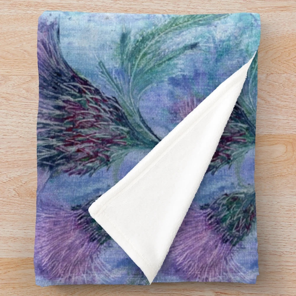 Plush blue and purple floral thistle blanket