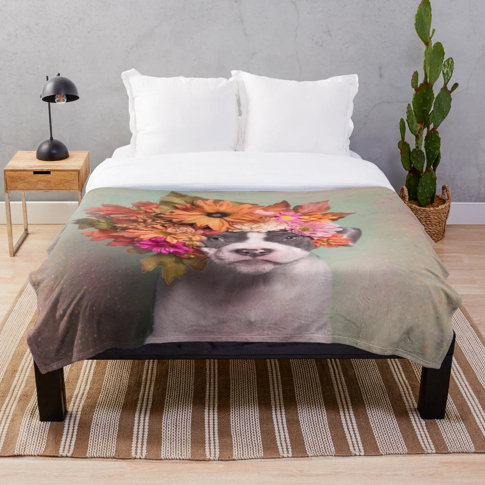 Flower Power Plush Blanket with Pitbull Image