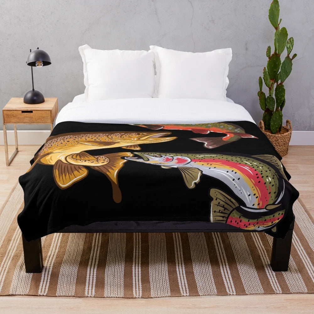 Fly fishing trout themed plush blanket