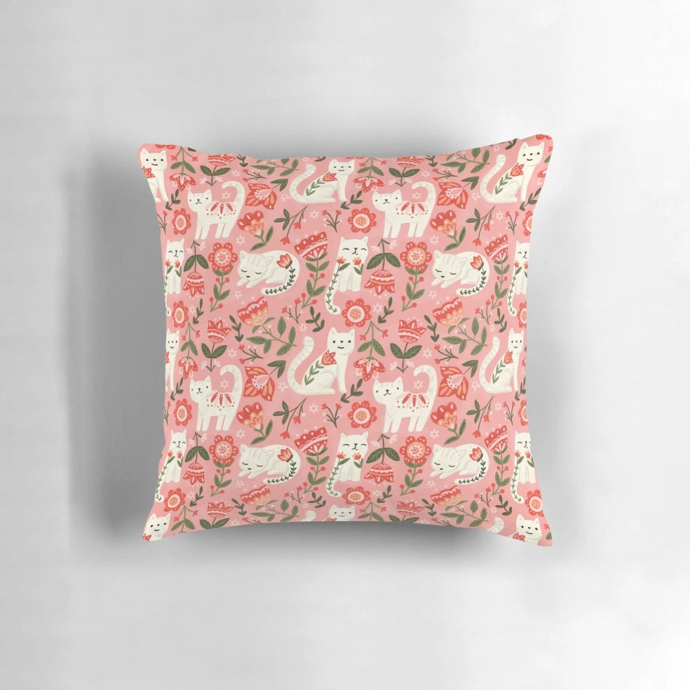 Colorful folk-style pattern pillow featuring cute cats and nature motifs