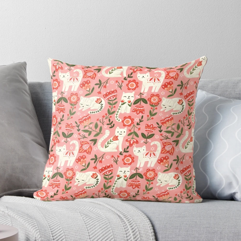 Colorful folk-style pattern pillow featuring cute cats and nature motifs
