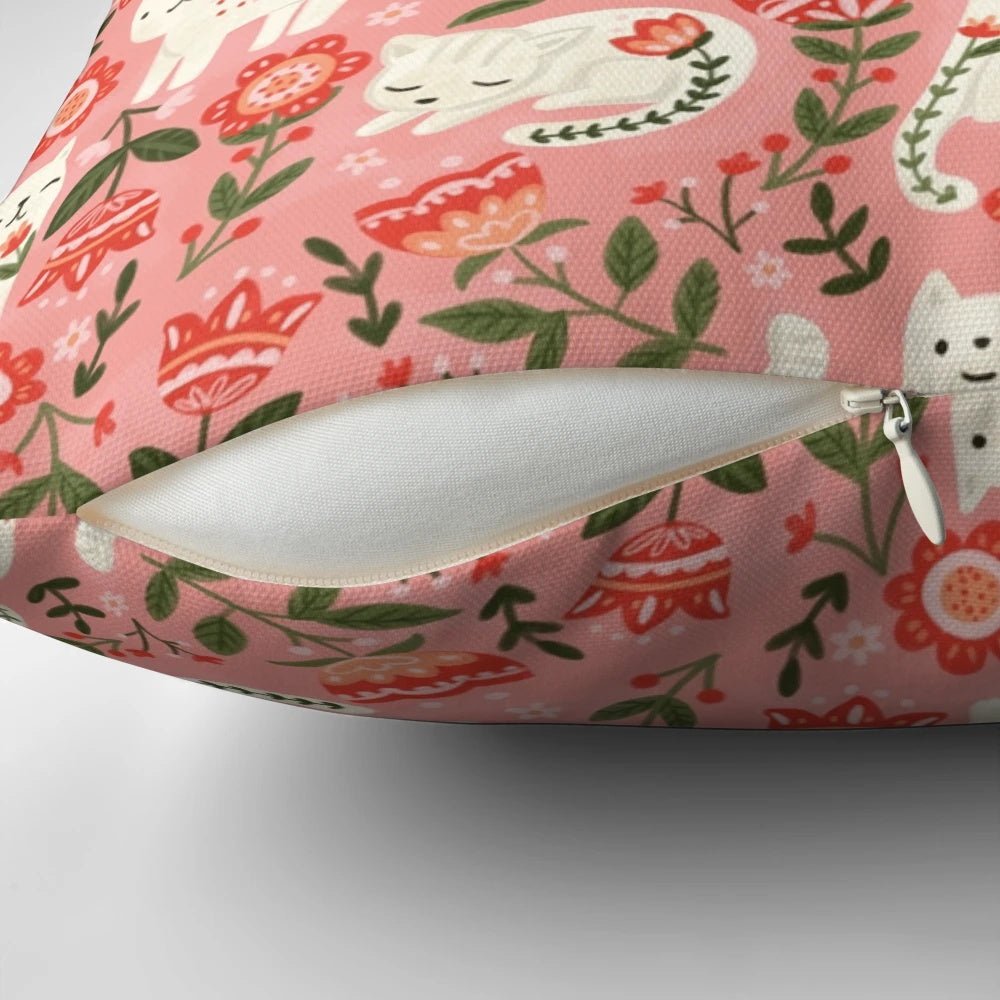 Colorful folk-style pattern pillow featuring cute cats and nature motifs