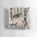 A decorative throw pillow featuring a whimsical watercolor design of forest animals like bears, deer, and foxes in a cozy, winter scene.