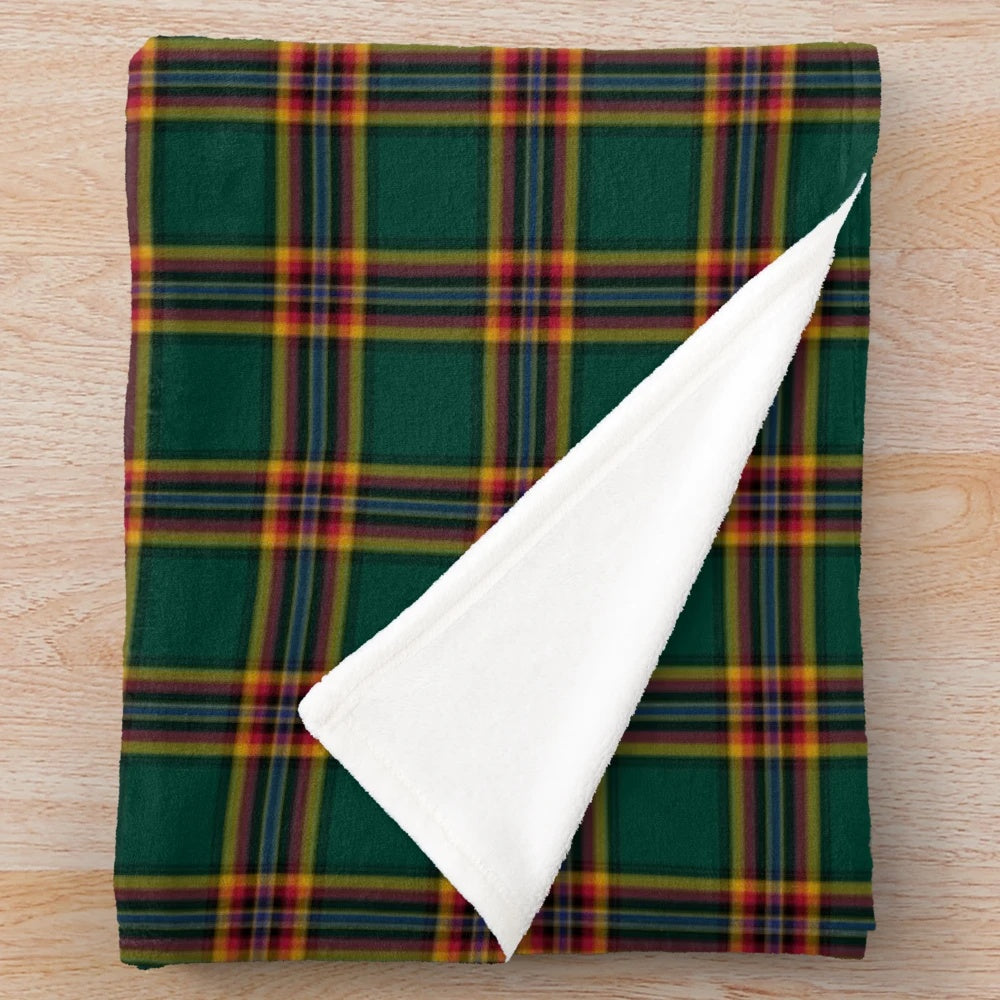 Forest green tartan plush blanket with moran clan pattern