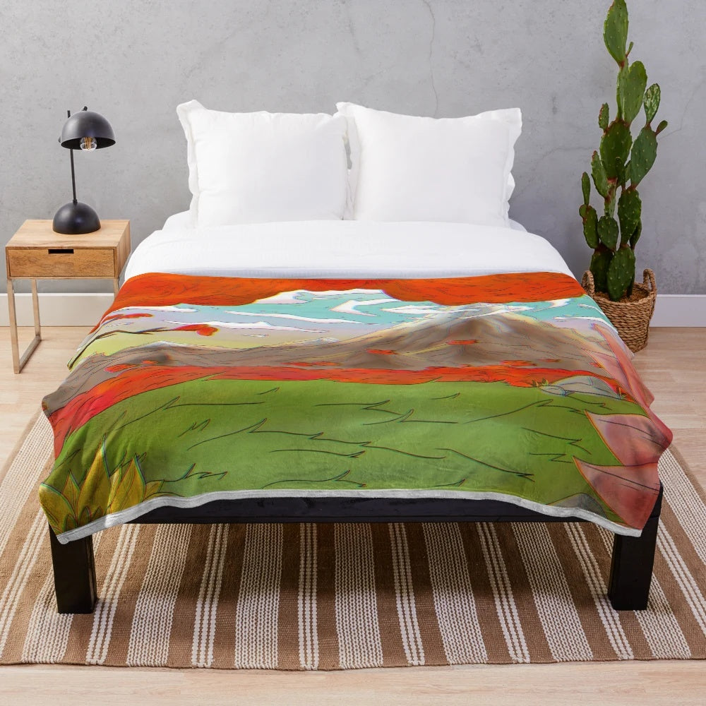 Plush blanket with a forest landscape design