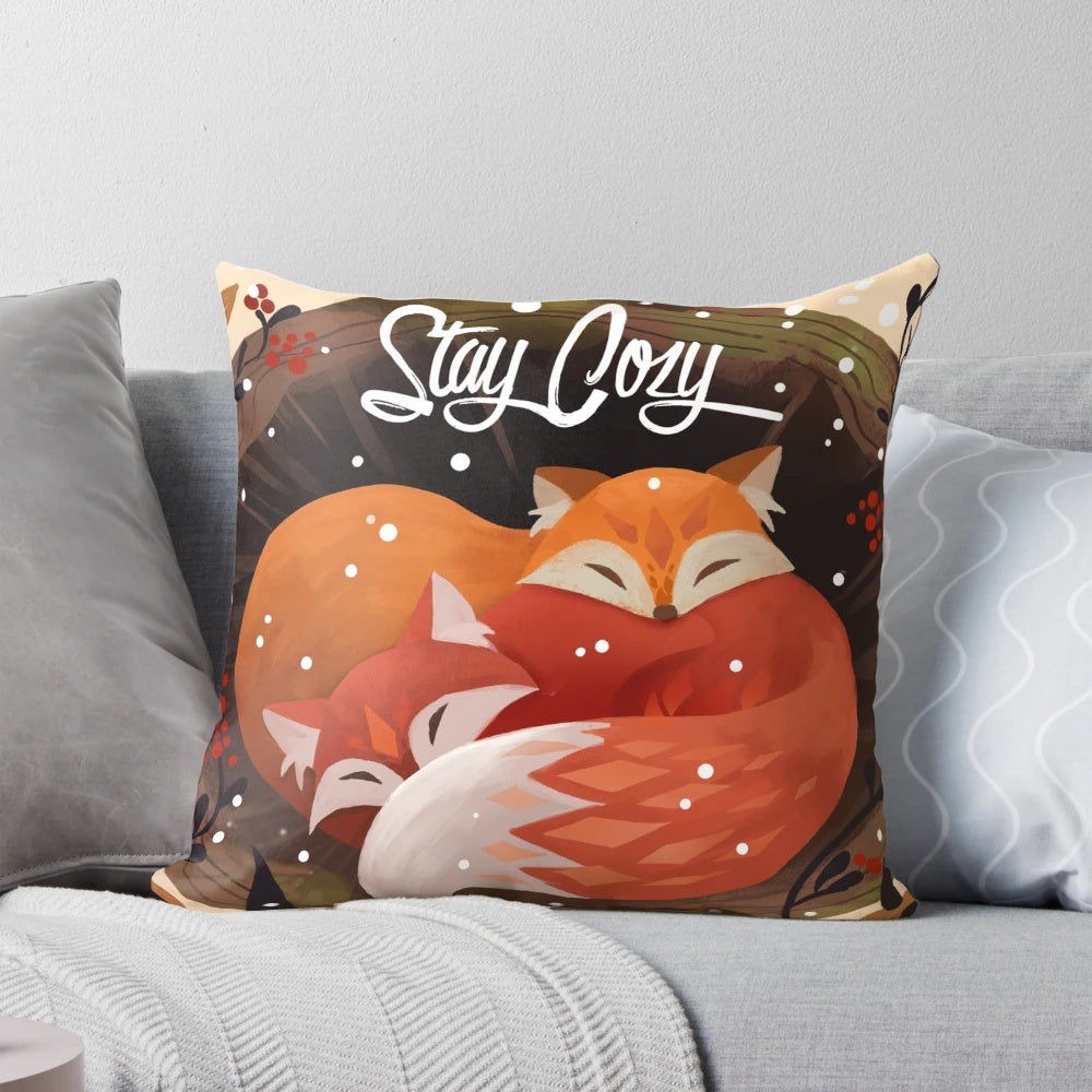 Soft and cozy pillow featuring a cute fox design, perfect for fall and winter home accents.