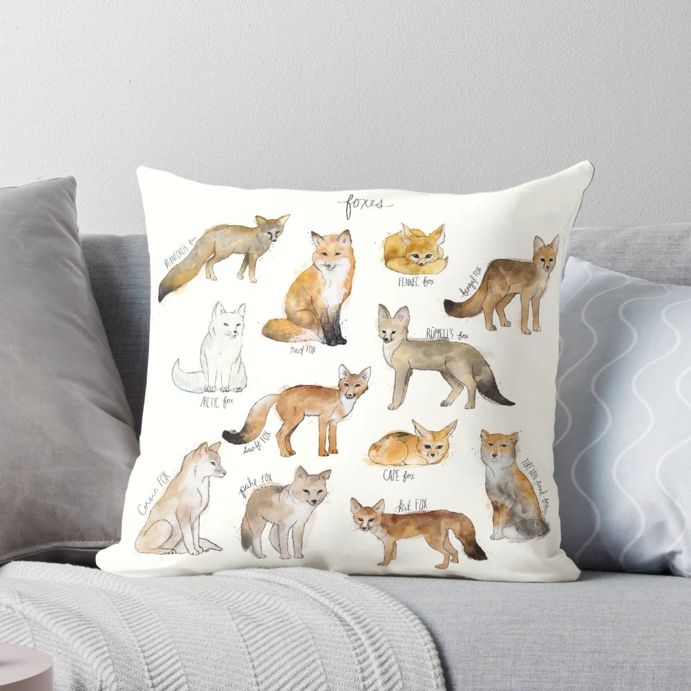 Soft, plush pillow featuring a detailed illustration of a fox in a woodland setting