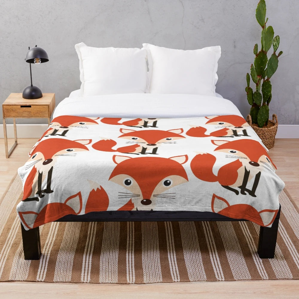 Colorful fox plush blanket with a whimsical watercolor pattern