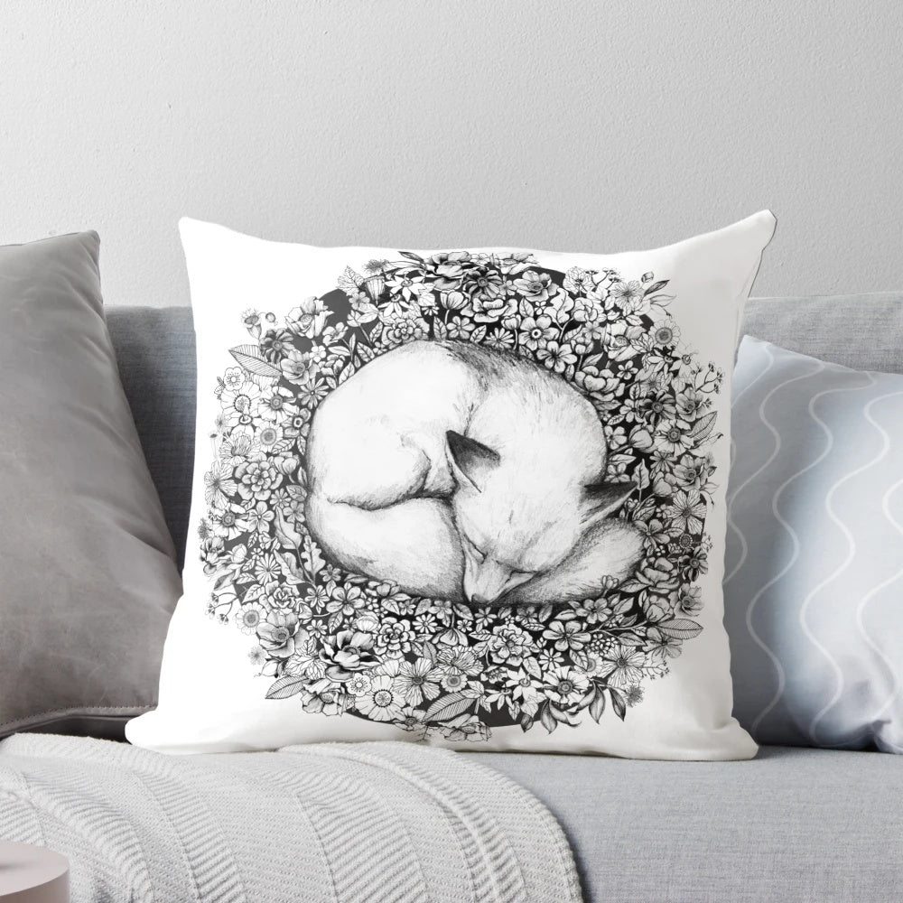 A black and white illustration of a fox sleeping peacefully among a field of flowers.