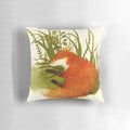 Watercolor illustration of a sleeping fox on a green and orange pillow