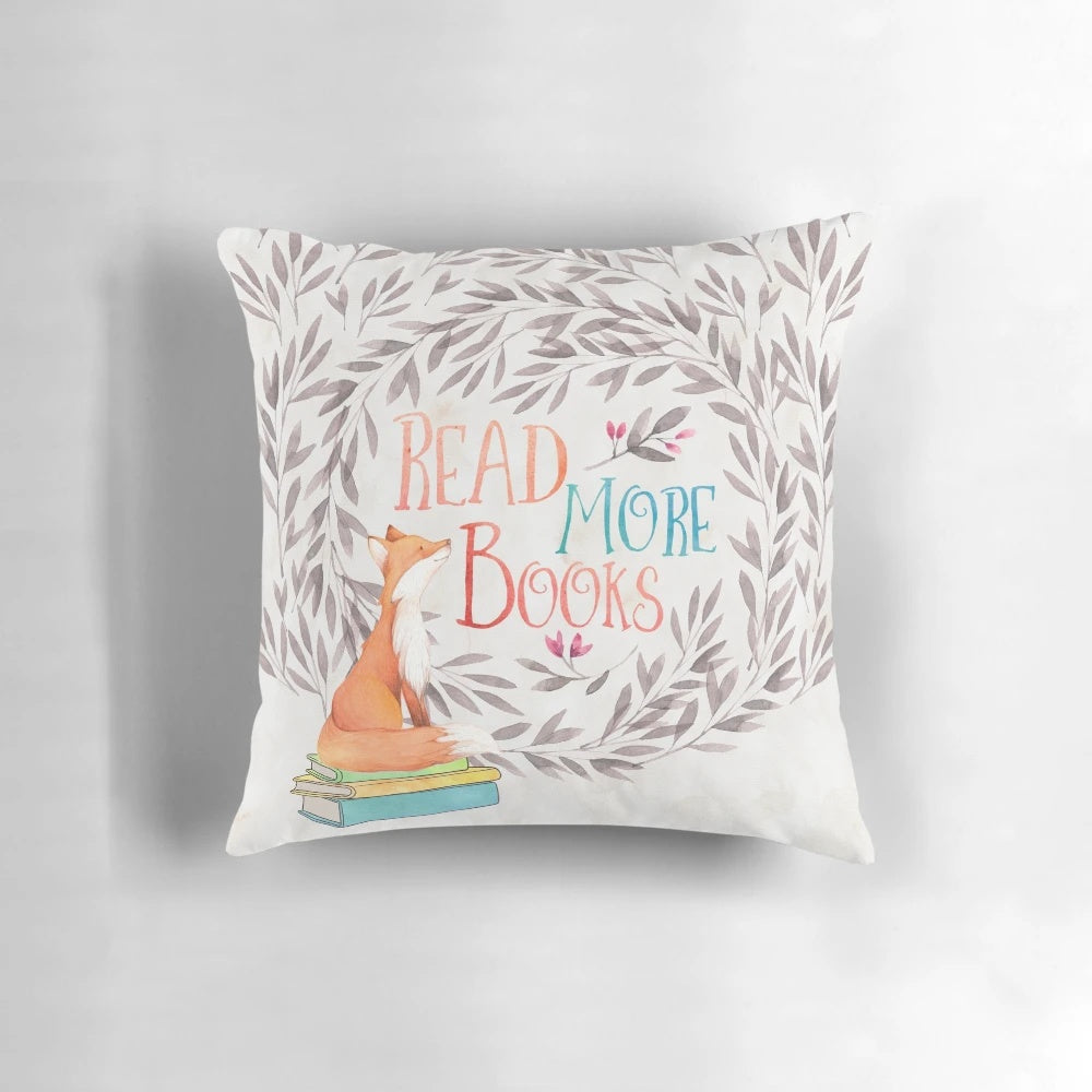 Soft and plush fox-patterned pillow with a cozy, literary design