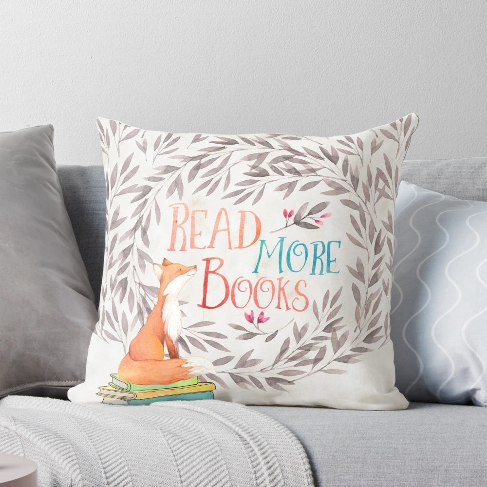 Soft and plush fox-patterned pillow with a cozy, literary design