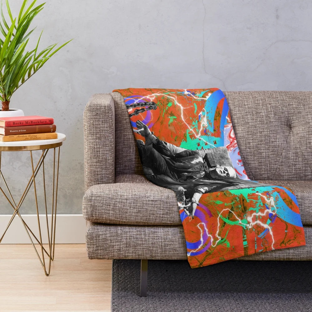 Frankenstein plush blanket with a colorful, modern, and retro-inspired design