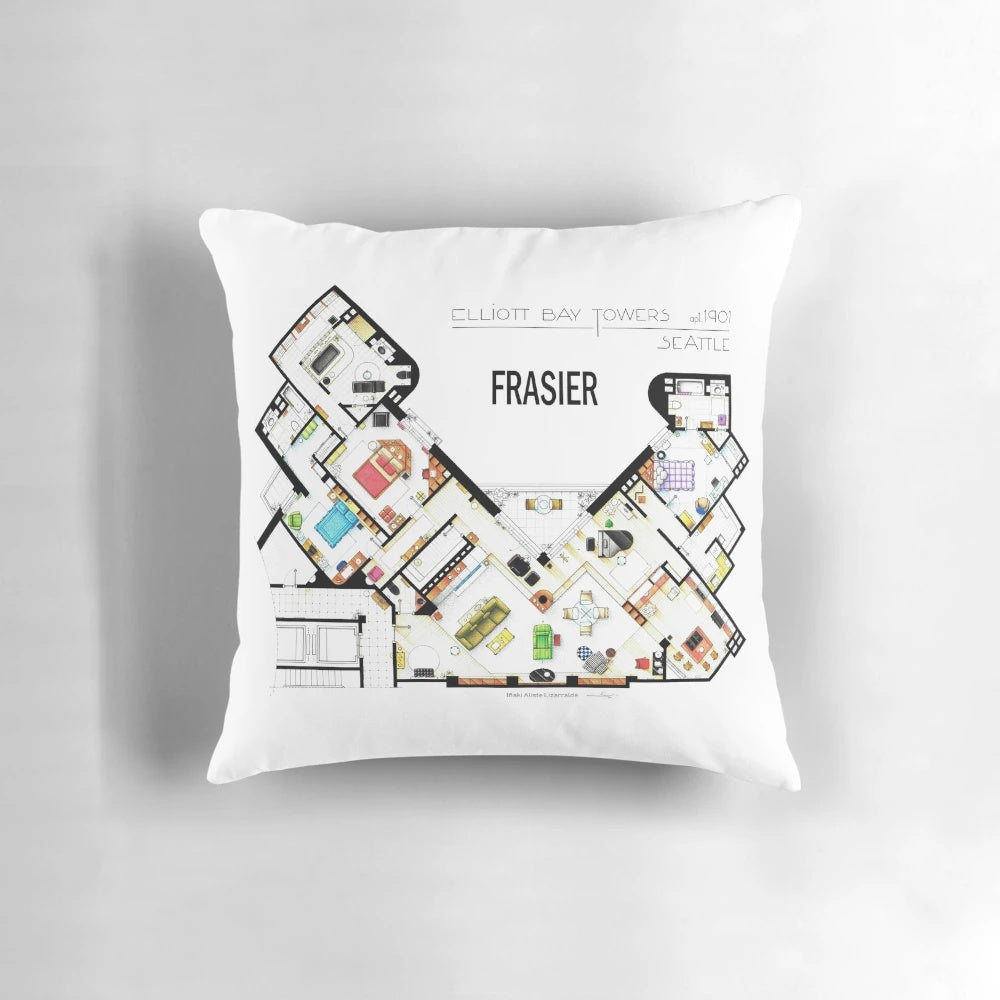 Decorative pillow featuring the iconic floorplan from the TV show Frasier, perfect for adding a touch of modern style to your living room.