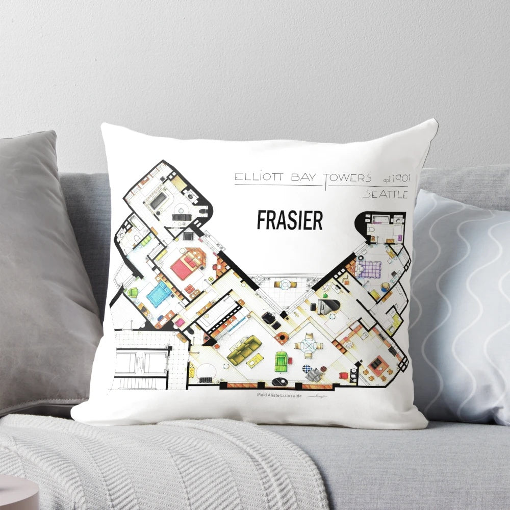 Decorative pillow featuring the iconic floorplan from the TV show Frasier, perfect for adding a touch of modern style to your living room.