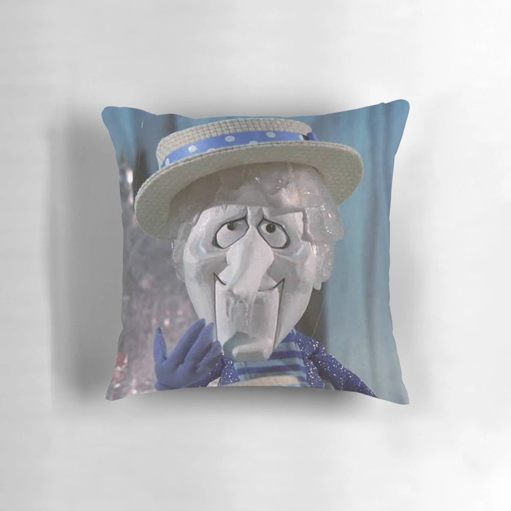 Freeze Miser-themed decorative pillow for a cozy holiday season