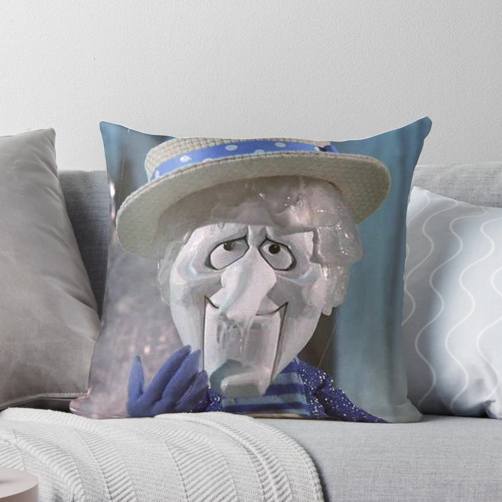 Freeze Miser-themed decorative pillow for a cozy holiday season