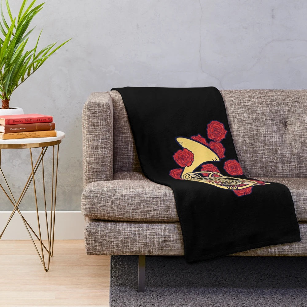 Soft and plush French horn-themed blanket with rose floral pattern