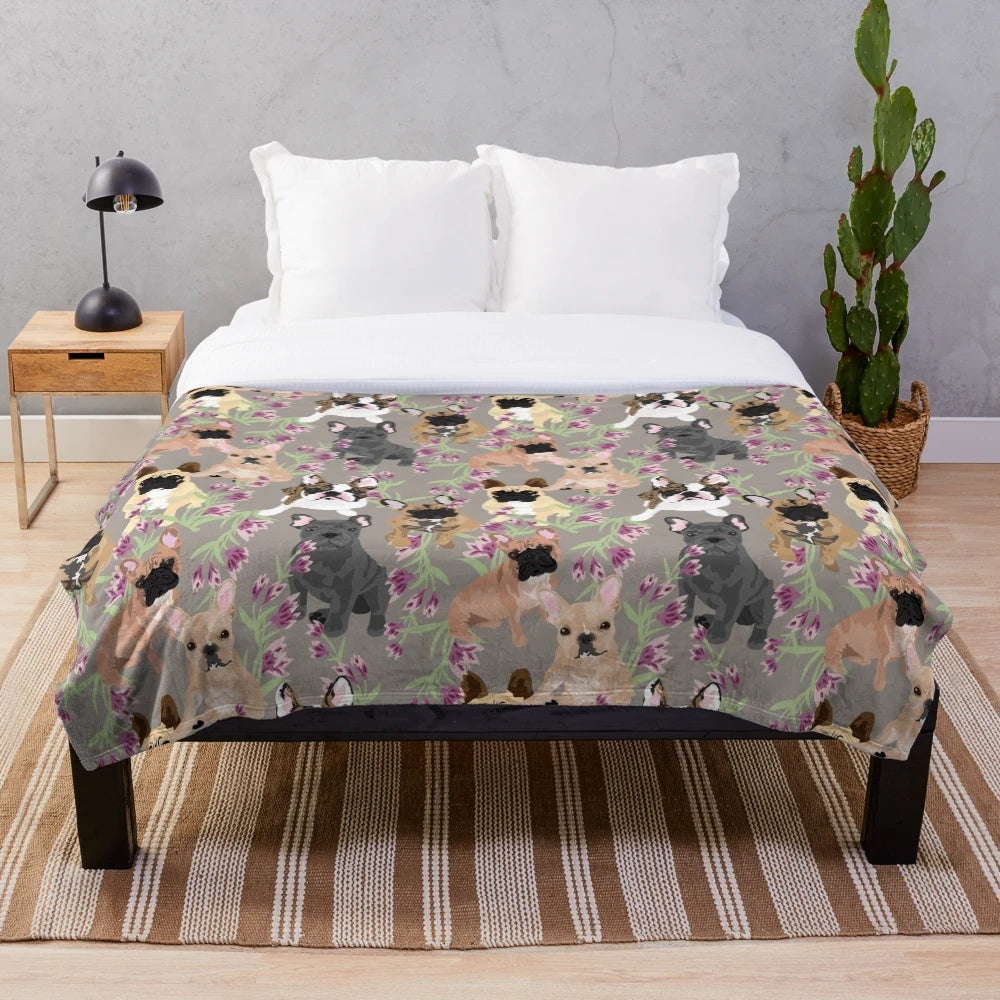 Frenchie Floral Plush Blanket for Snuggling with Your French Bulldog