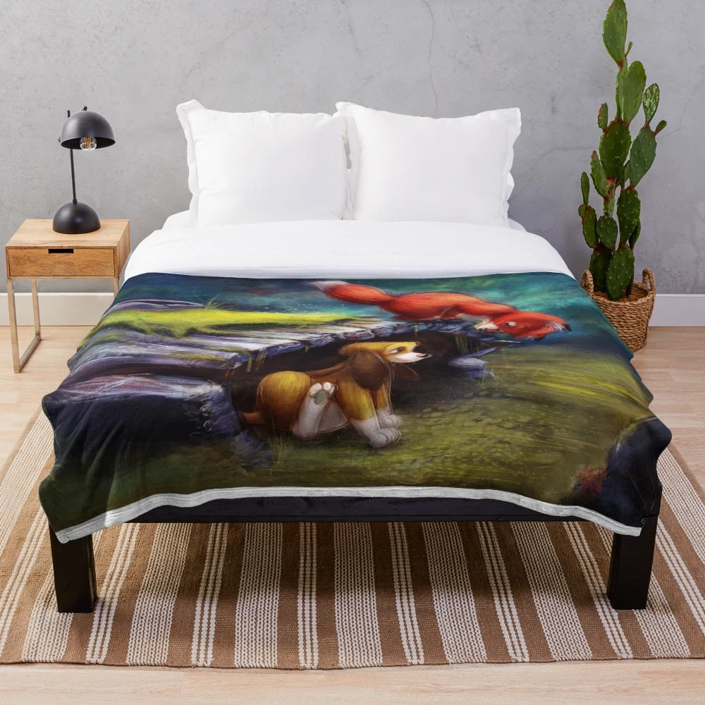 Plush blanket featuring cute animal friends in a fairytale forest scene