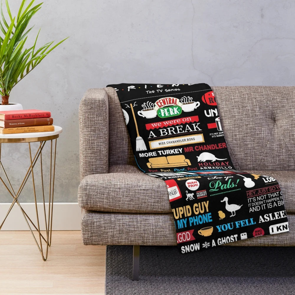 Friends quotes plush blanket with couch and TV show references