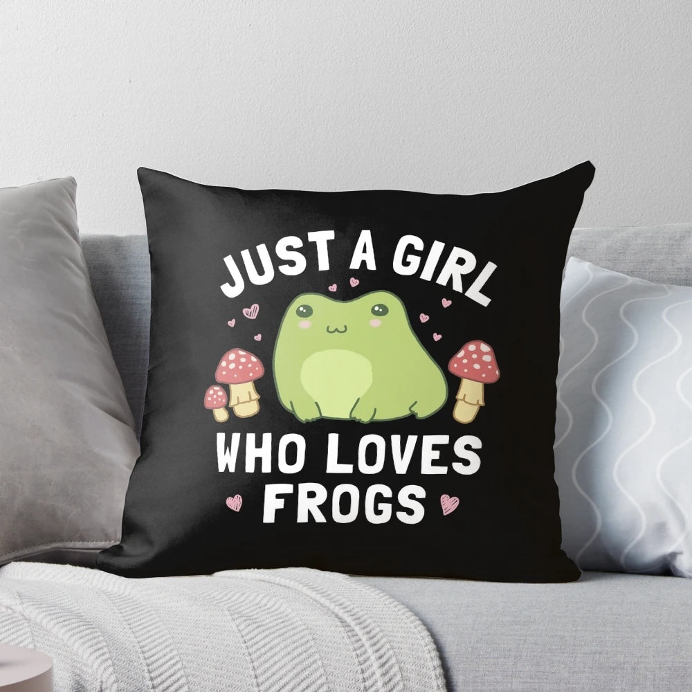 Kawaii cottagecore style pillow featuring a chubby, happy frog design
