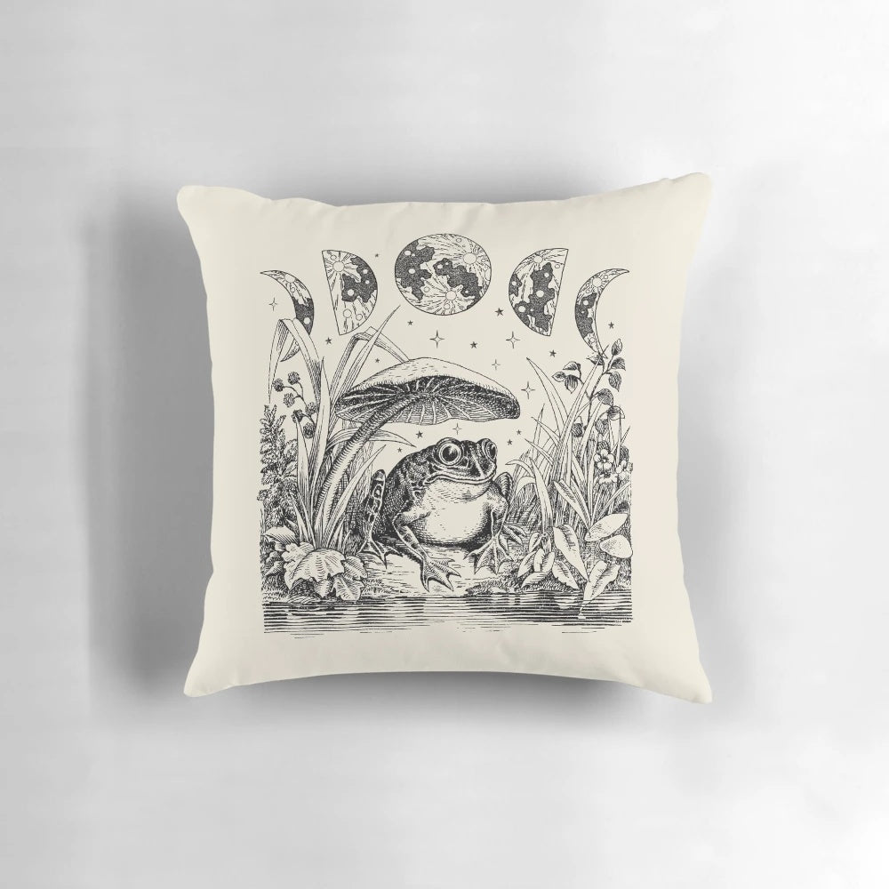 Vintage-style throw pillow featuring a whimsical frog sitting on a toadstool by a moonlit pond