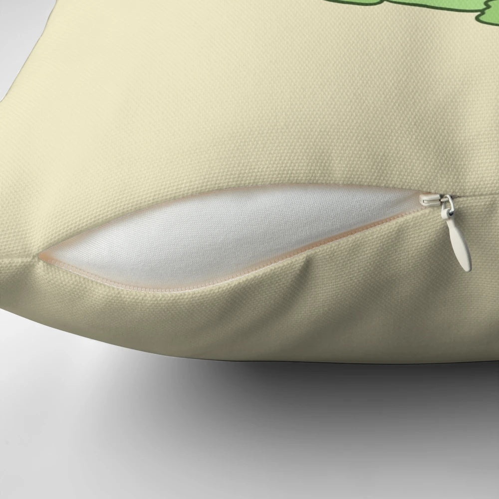 Soft, plush pillow featuring a cute, chubby frog wearing a whimsical mushroom hat, perfect for a cottagecore or forest-themed room decor.