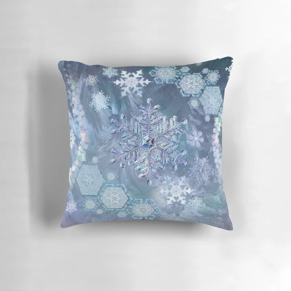 Soft, plush frozen snowflake pillow in icy blue tones, perfect winter home decor